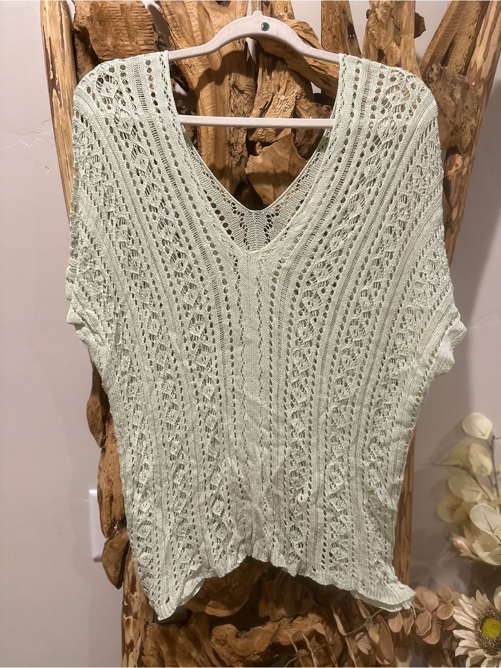 SHEIN Mint Green V-Neck Crochet Knit Top